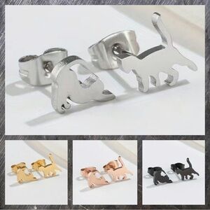 Playful Cats Stainless Steel Stud Small Earrings #1409 (Color: silver)